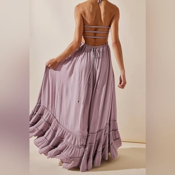 Lavender Lilac Long Gauze Boho Maxi Dress Tiered Flowy Bohemian Beach Vacation - Picture 7 of 15
